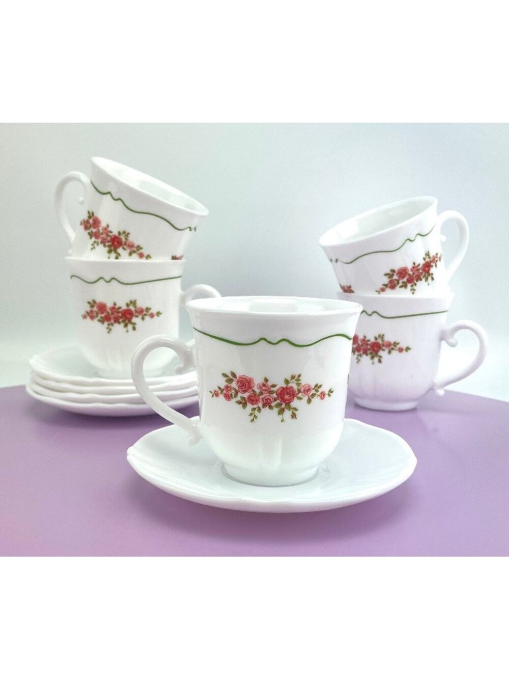 Vintage 80s Arcopal cups and saucers set, French milk glass, delicate pink roses